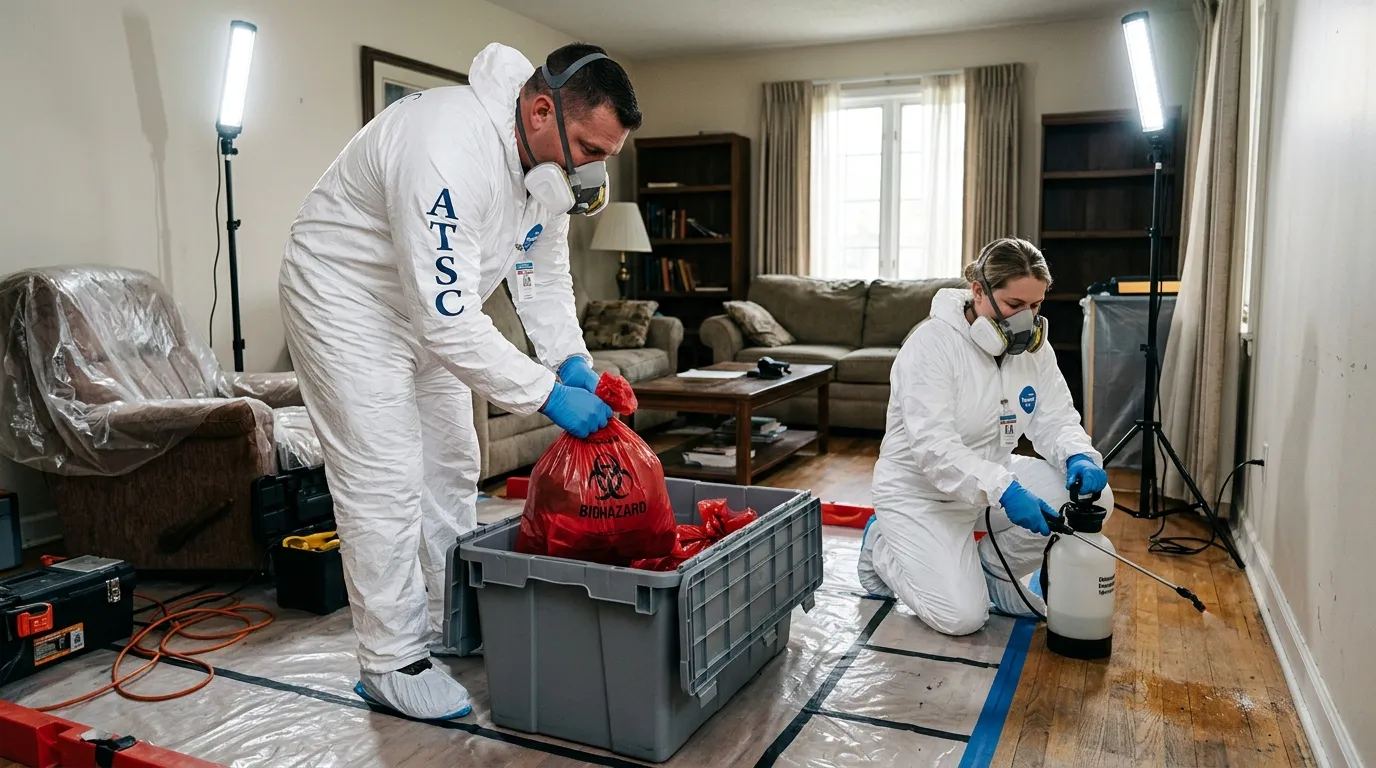 Professional Biohazard Cleanup technician in full PPE working in Prescott Valley